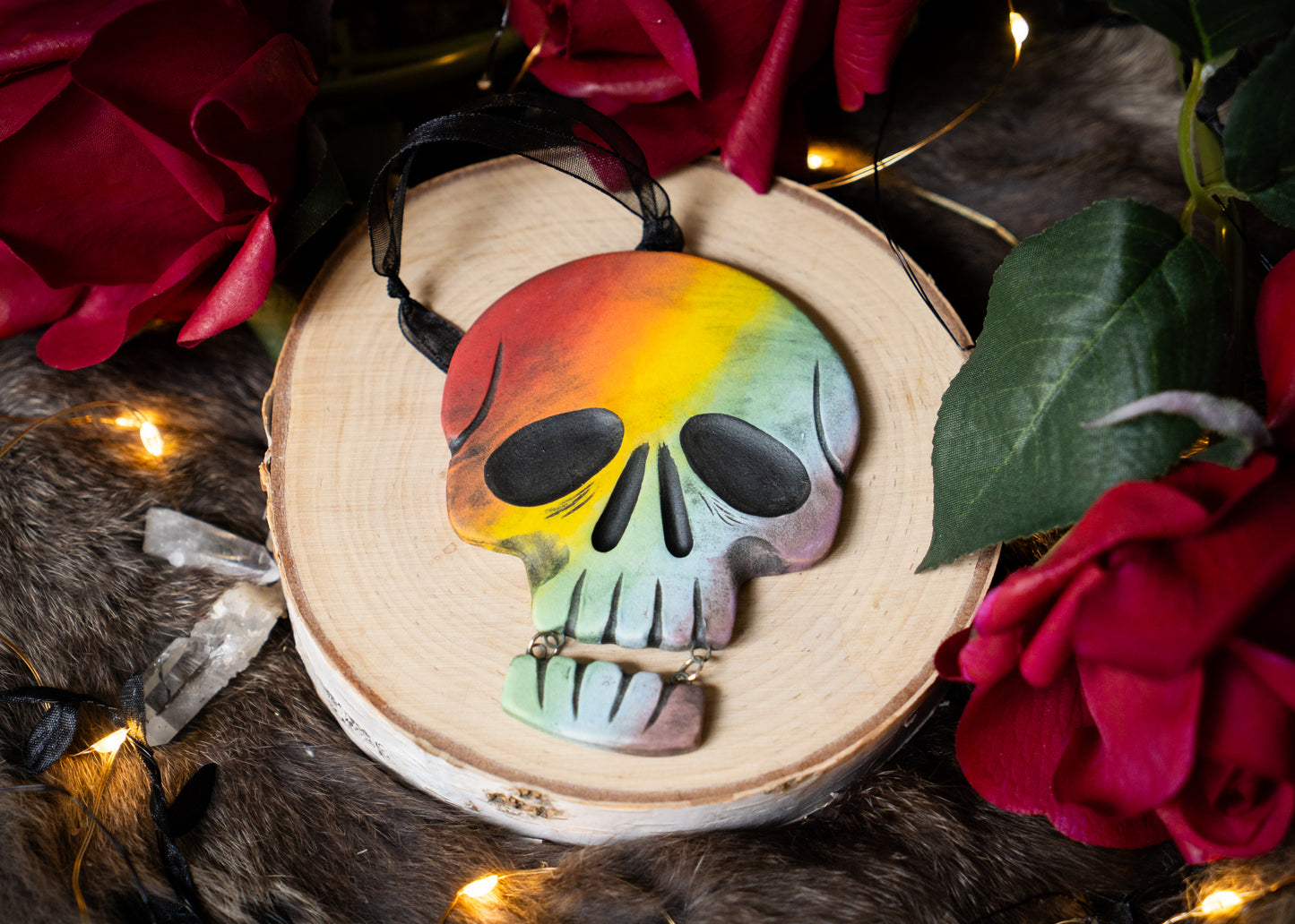 Rainbow Skull With Hanging Jaw Ornament