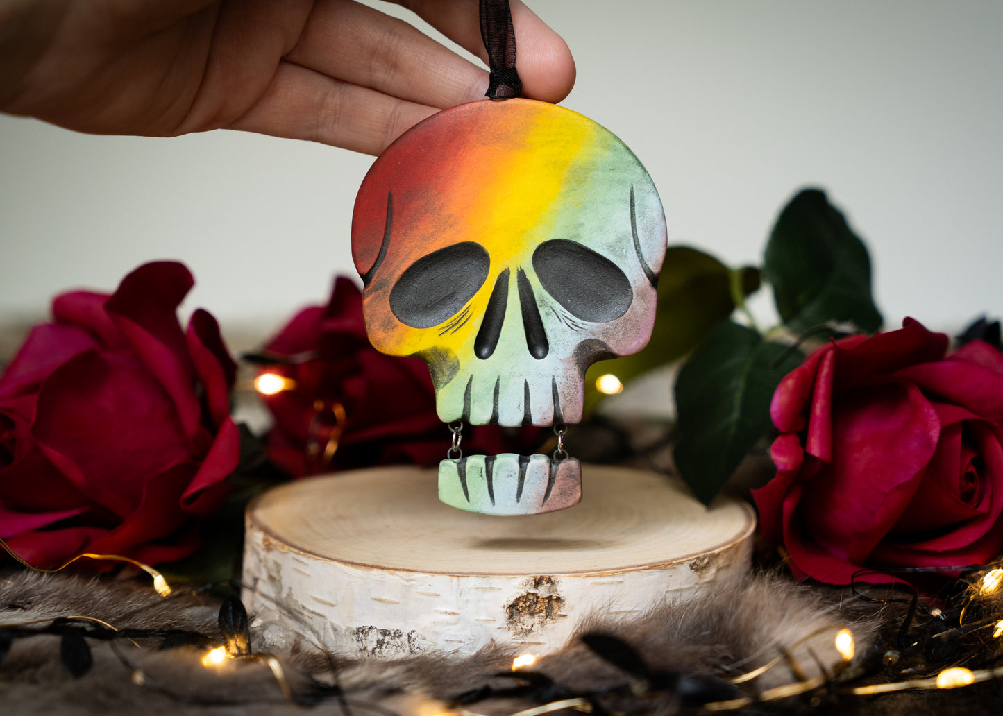 Rainbow Skull With Hanging Jaw Ornament