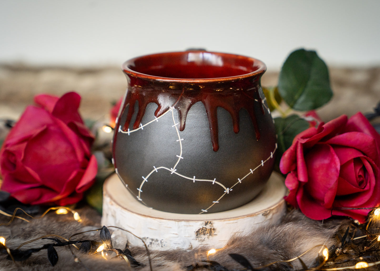 Red Drip Stitched Shortie Mug