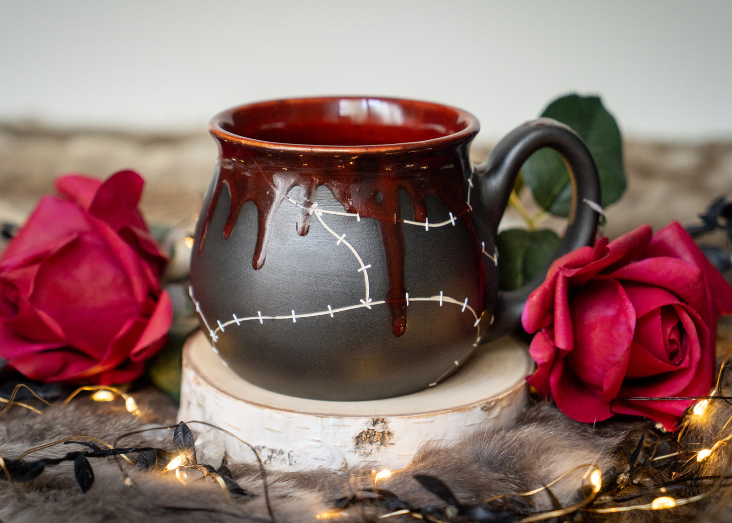 Red Drip Stitched Shortie Mug
