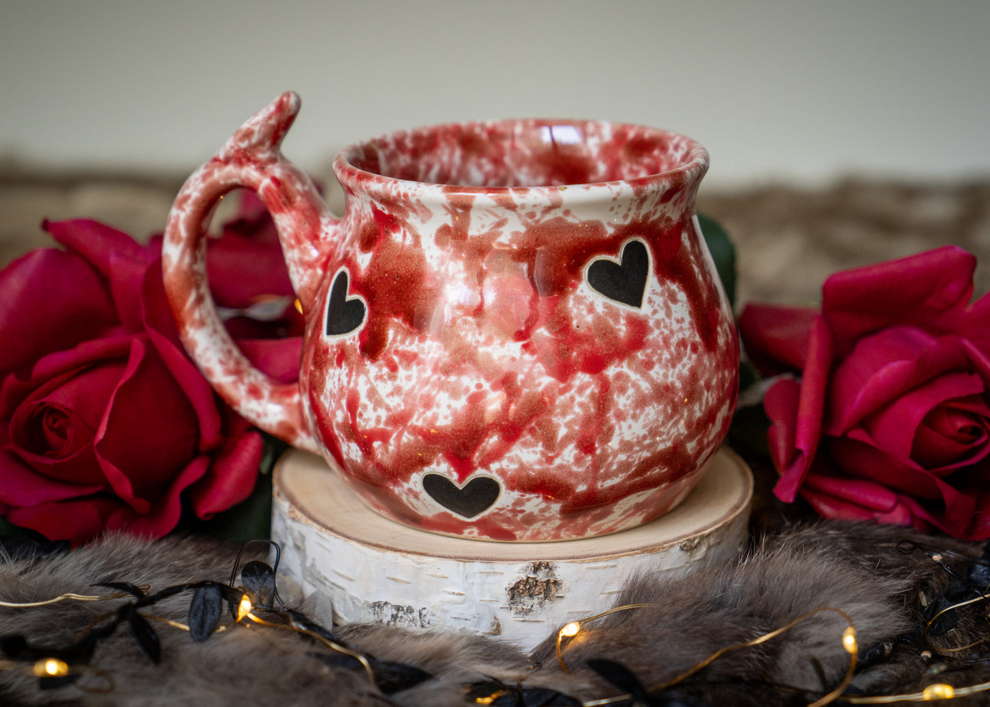 Red Splattered Black Hearts Curvy Mug
