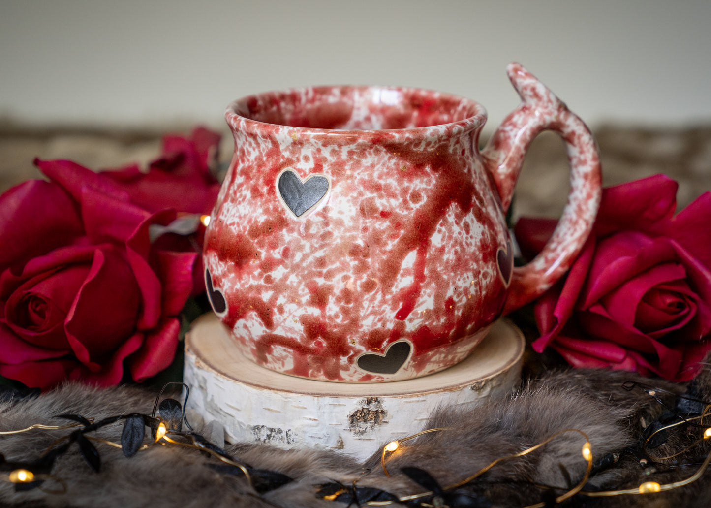 Red Splattered Black Hearts Curvy Mug