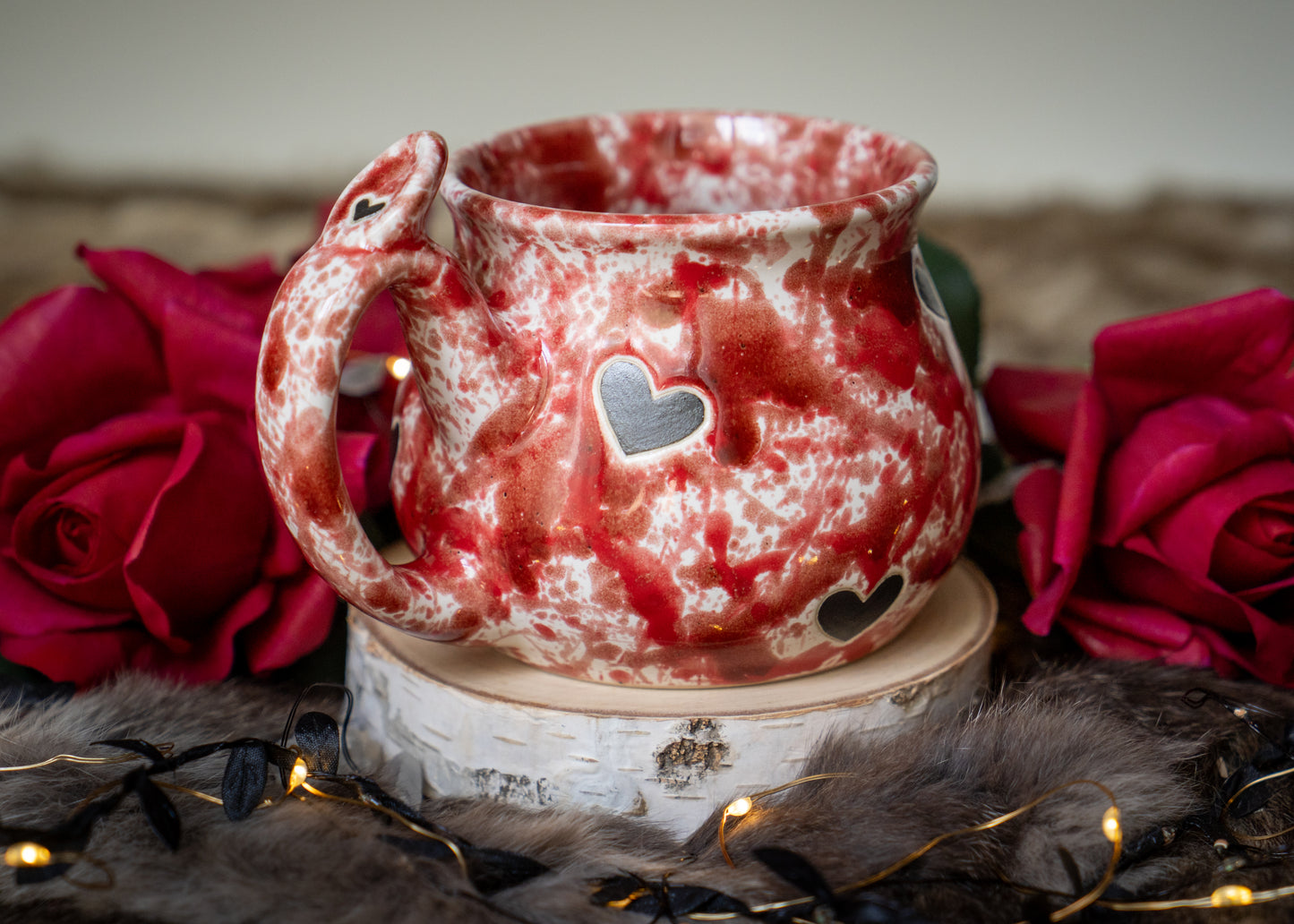 Red Splattered Black Hearts Curvy Mug