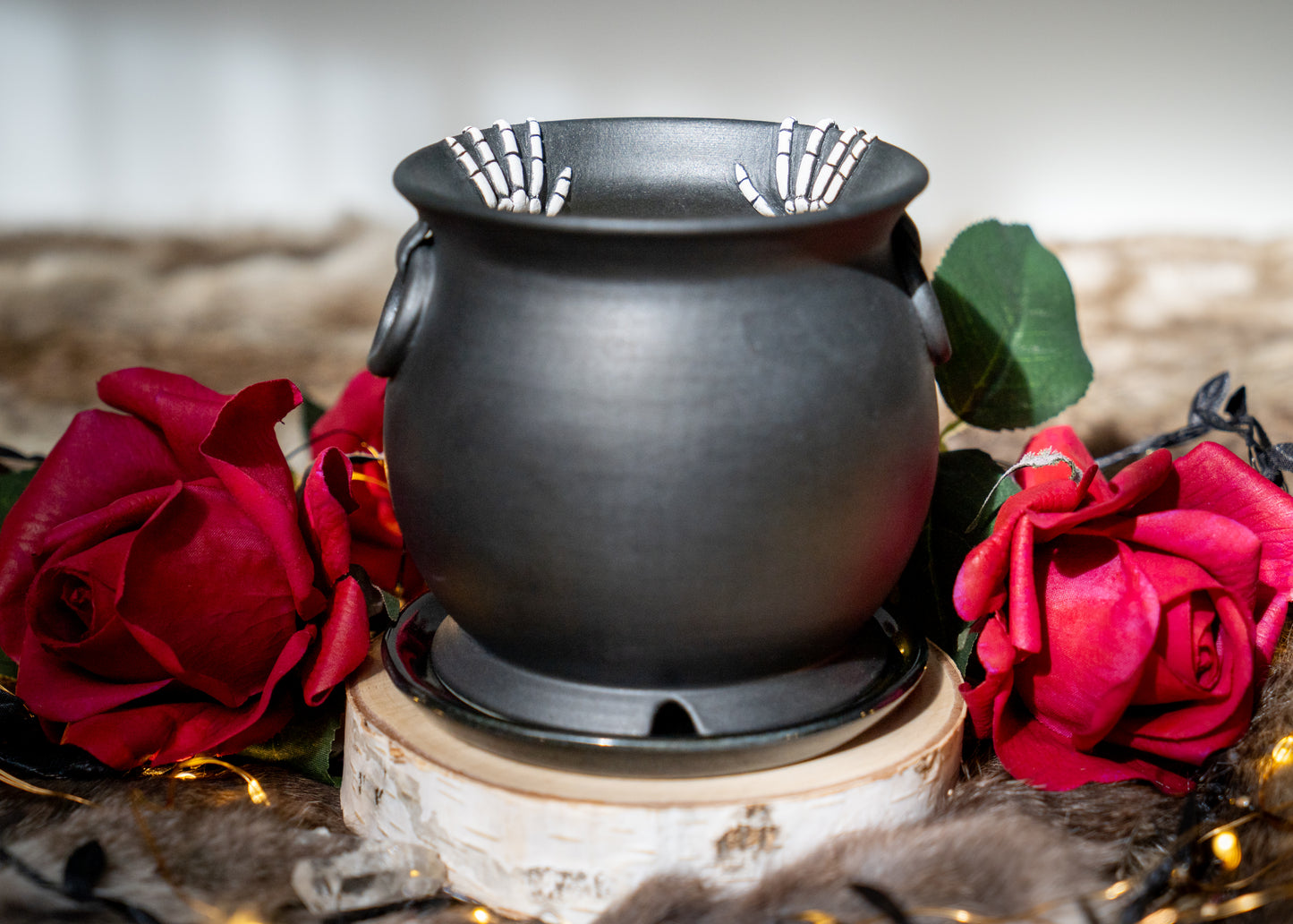 Double Skeleton Hand Cauldron Planter With Glittery Black Drip Dish