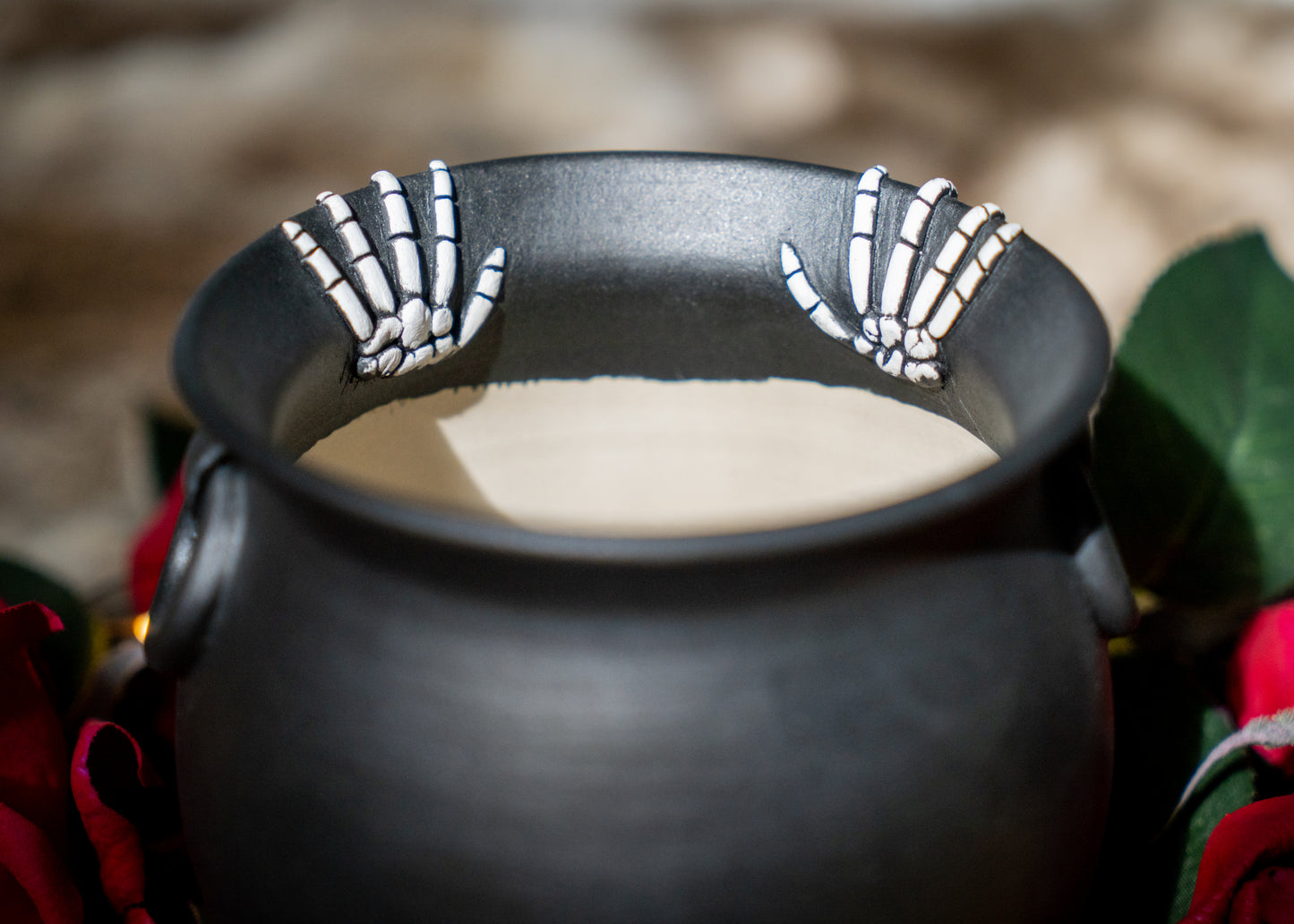 Double Skeleton Hand Cauldron Planter With Glittery Black Drip Dish
