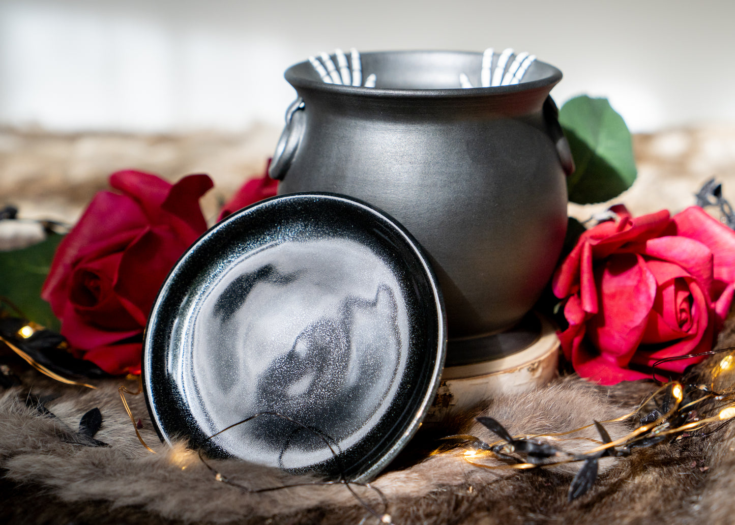 Double Skeleton Hand Cauldron Planter With Glittery Black Drip Dish