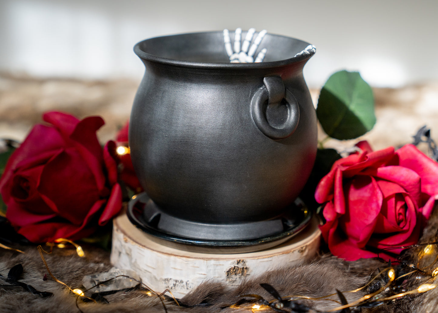 Double Skeleton Hand Cauldron Planter With Glittery Black Drip Dish