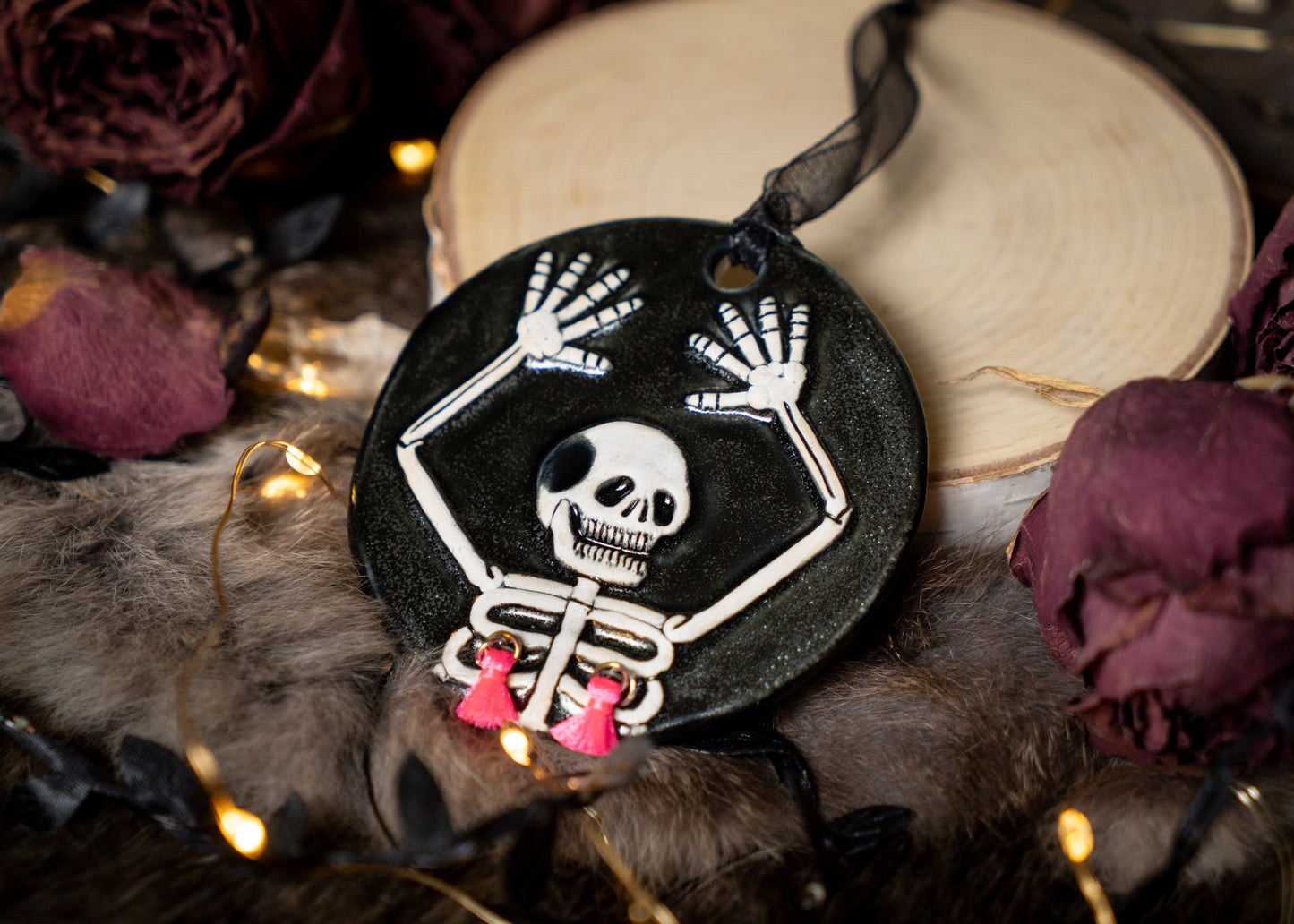 Razzle Dazzle Neon Pink Tassel Skeleton Ornament