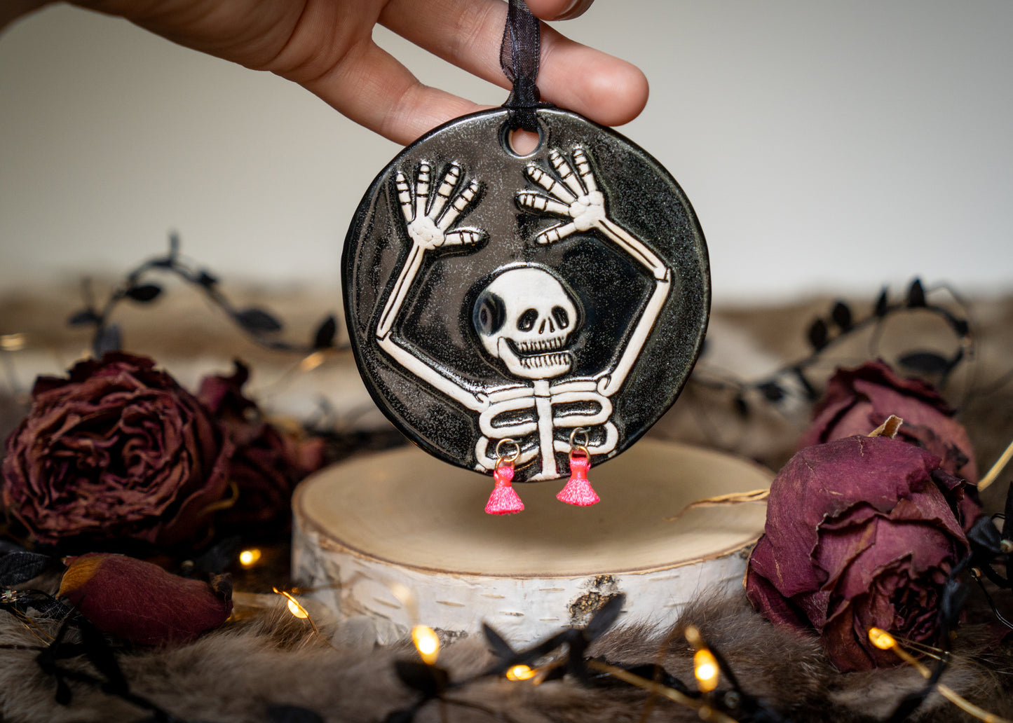 Razzle Dazzle Neon Pink Tassel Skeleton Ornament
