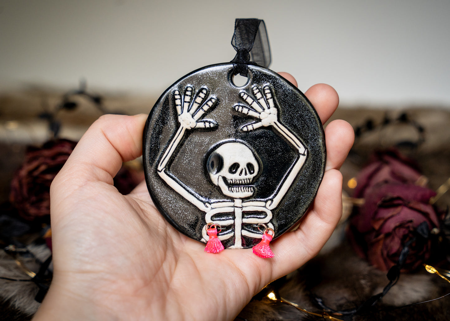 Razzle Dazzle Neon Pink Tassel Skeleton Ornament