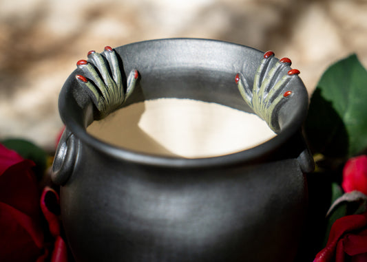 Double Witch Hand Cauldron Planter With Glittery Black Drip Dish