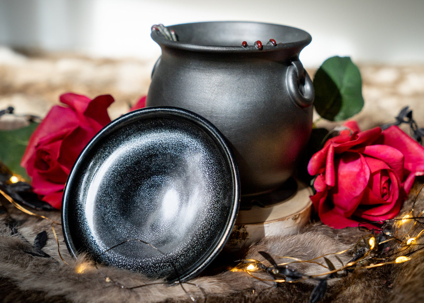 Double Witch Hand Cauldron Planter With Glittery Black Drip Dish