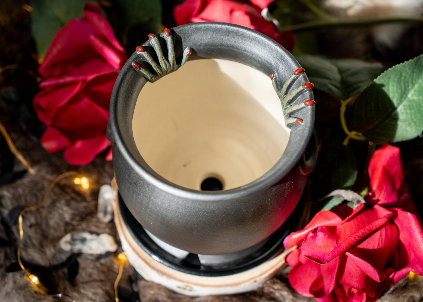 Double Witch Hand Cauldron Planter With Glittery Black Drip Dish