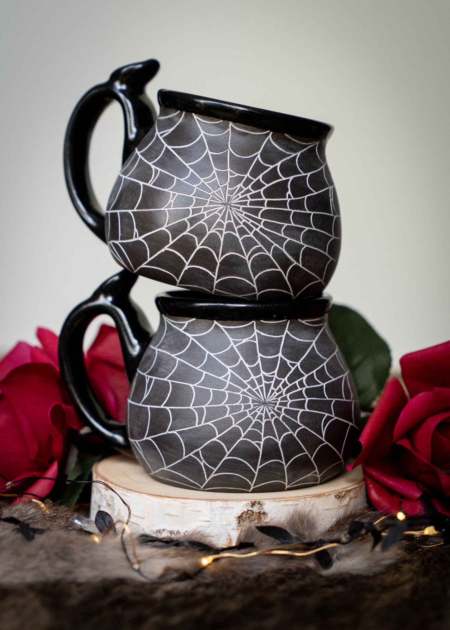 Dark Spiderweb Mug with Glittery Glaze and Thumb Rest