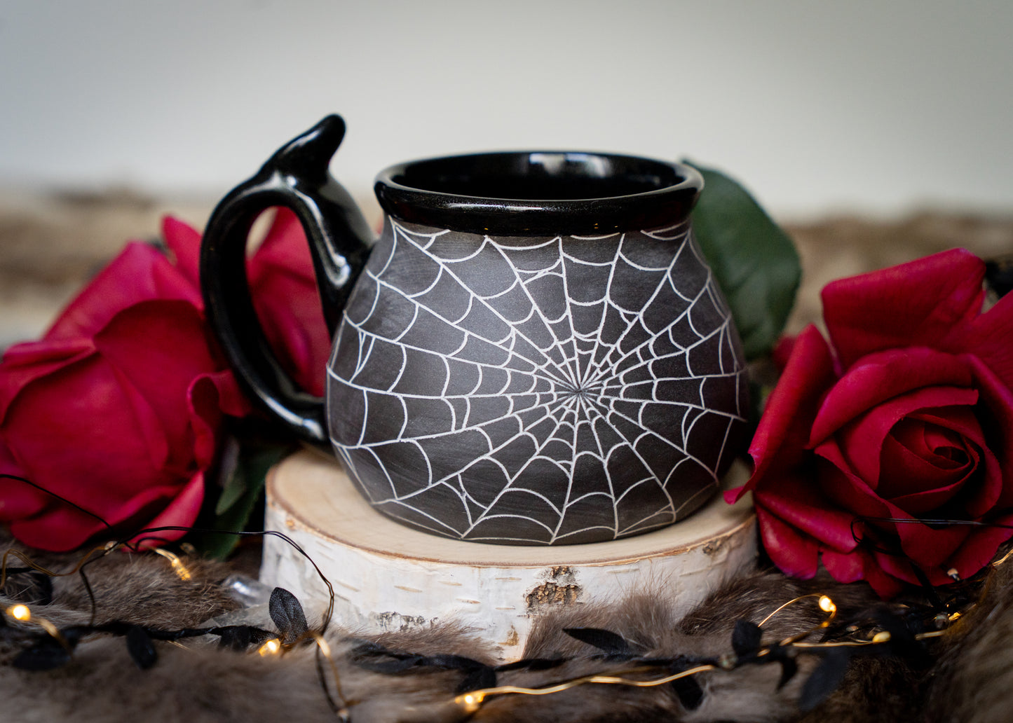 Dark Spiderweb Mug with Glittery Glaze and Thumb Rest