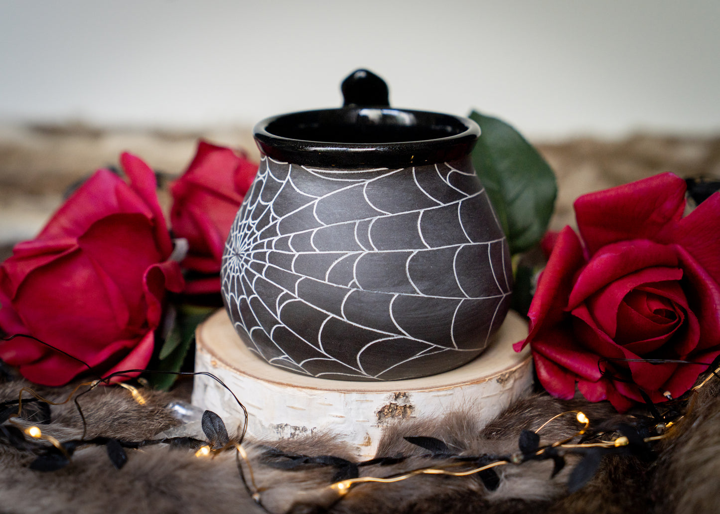 Dark Spiderweb Mug with Glittery Glaze and Thumb Rest