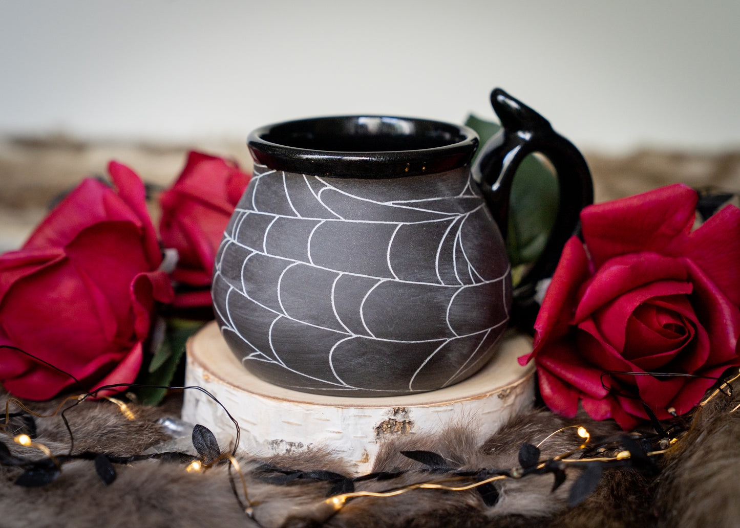 Dark Spiderweb Mug with Glittery Glaze and Thumb Rest
