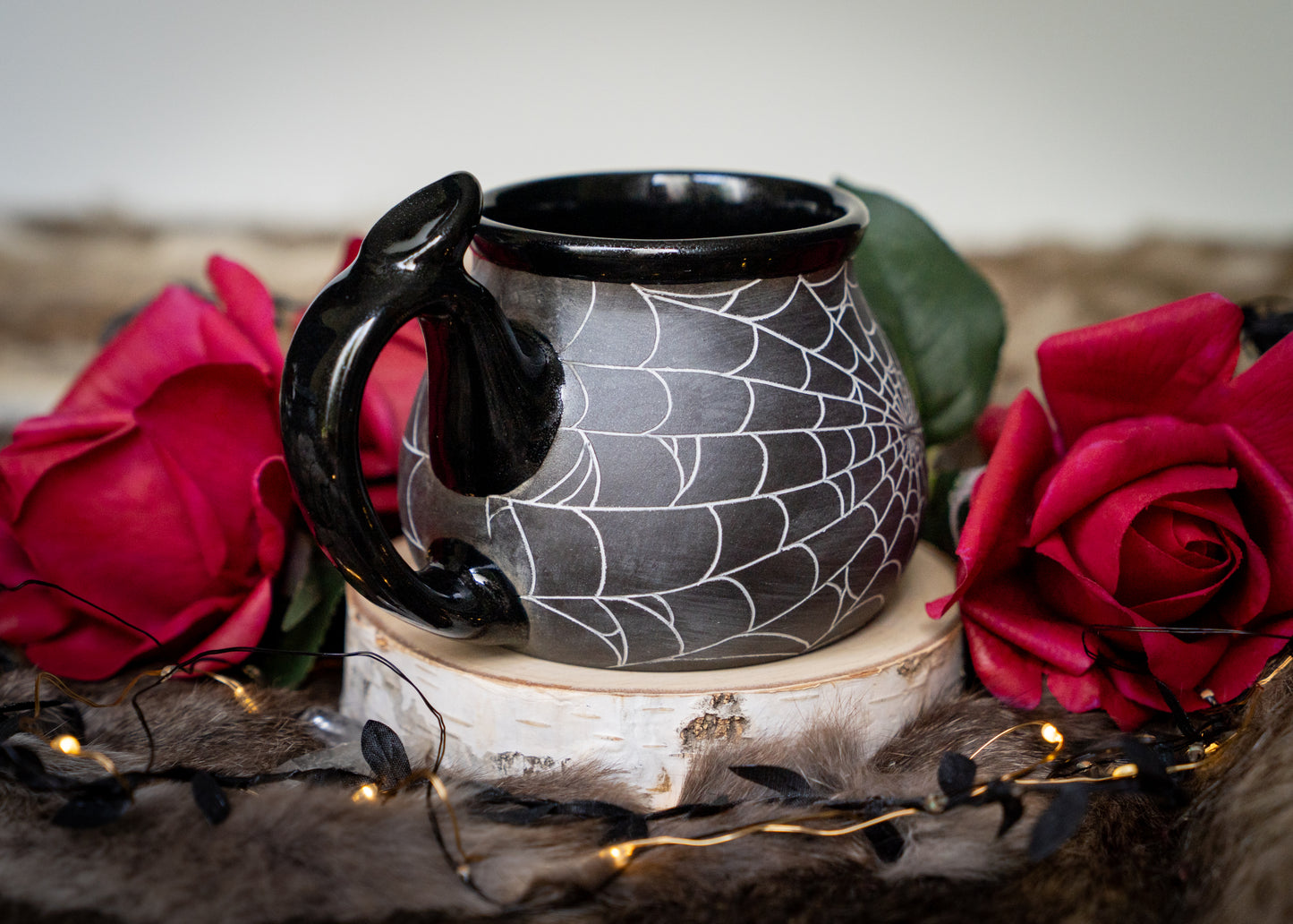 Dark Spiderweb Mug with Glittery Glaze and Thumb Rest