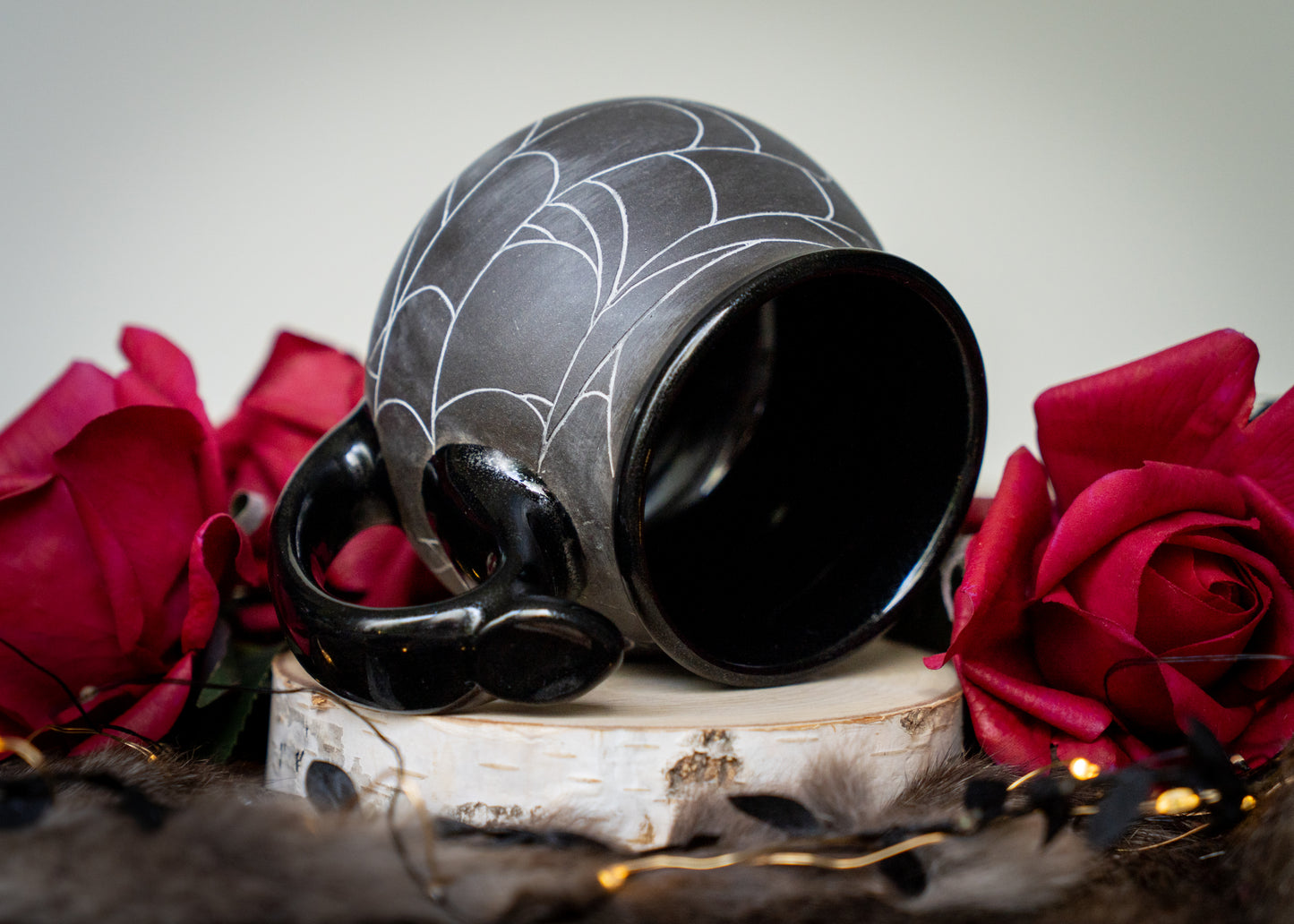 Dark Spiderweb Mug with Glittery Glaze and Thumb Rest
