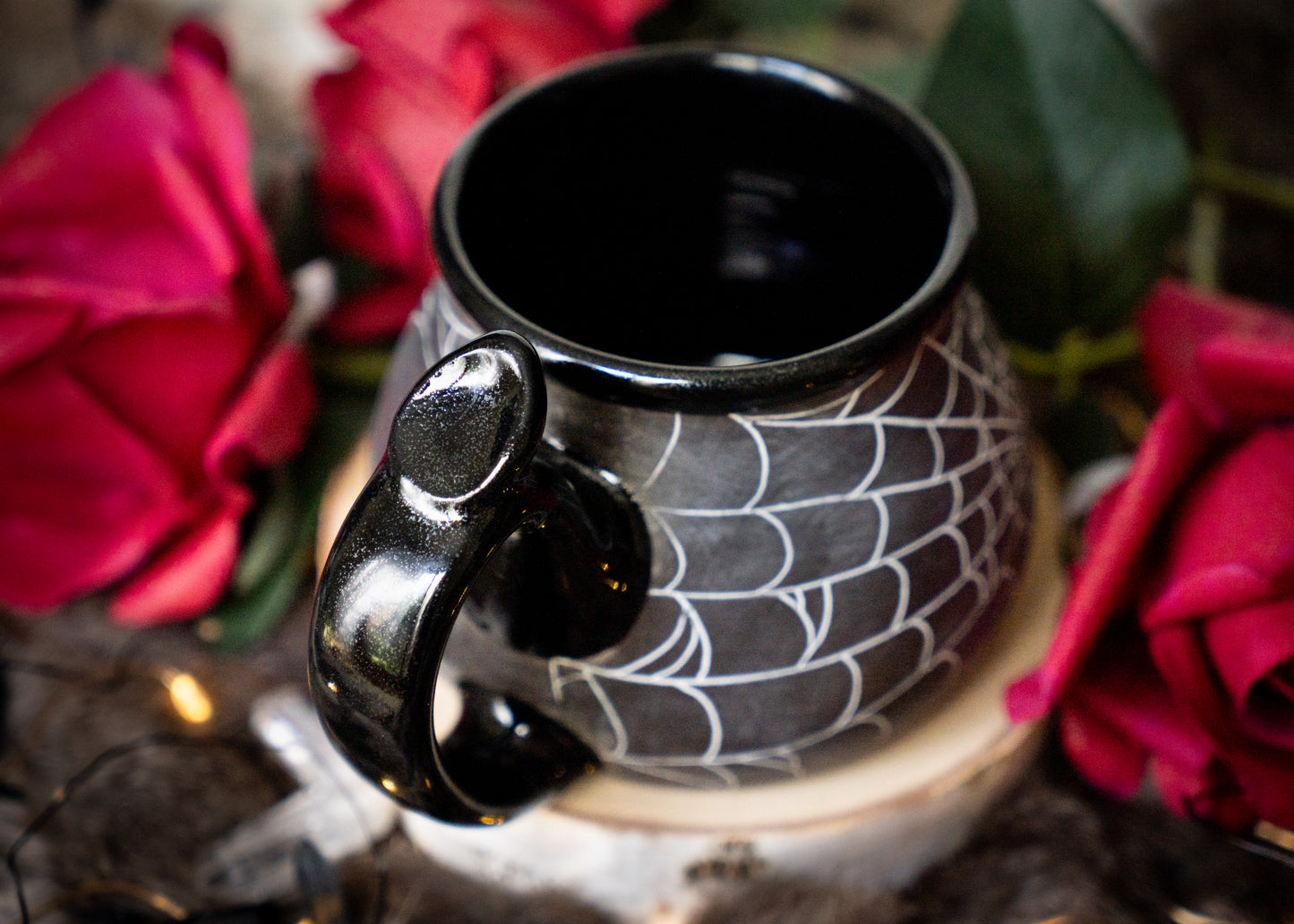 Dark Spiderweb Mug with Glittery Glaze and Thumb Rest
