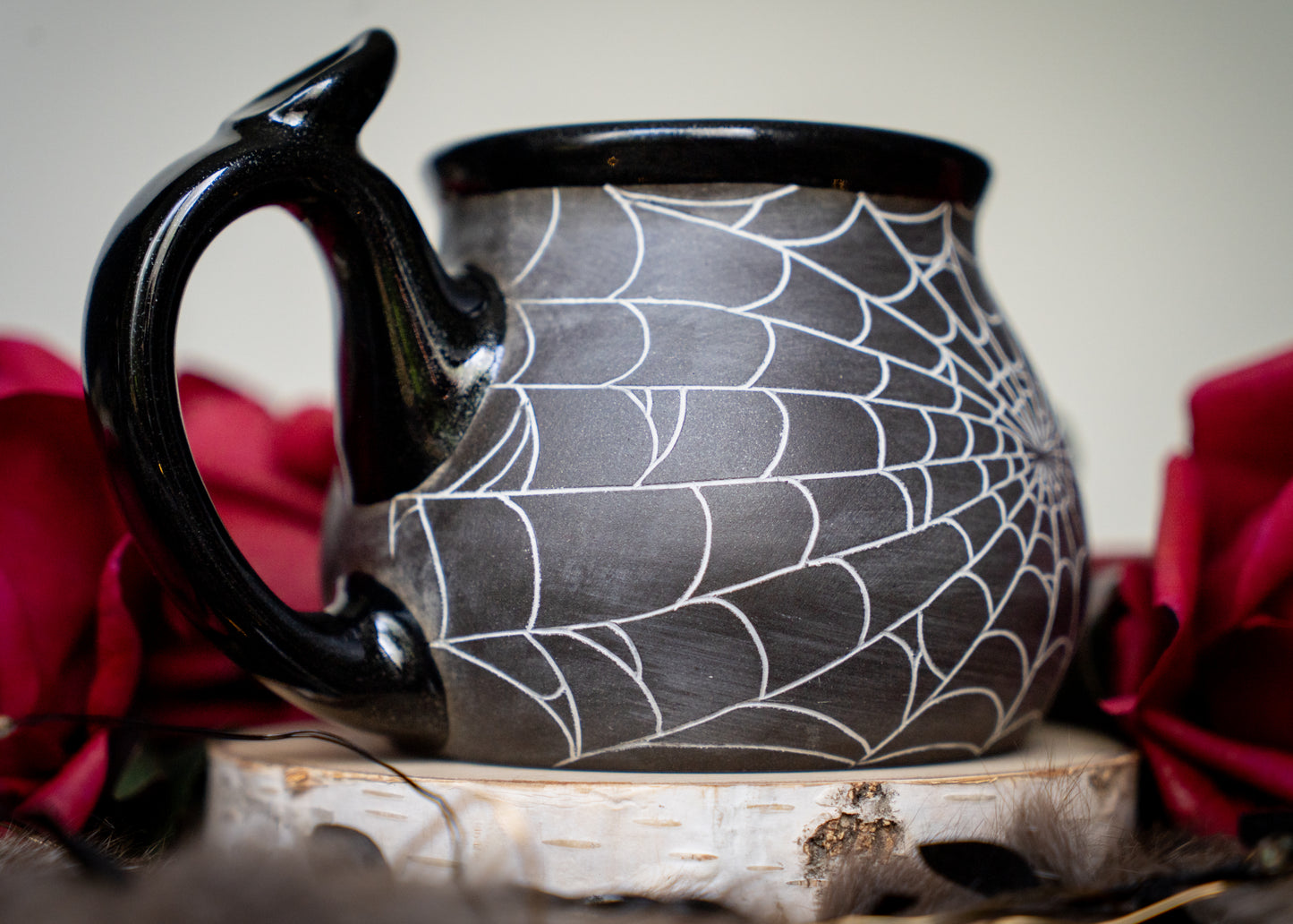 Dark Spiderweb Mug with Glittery Glaze and Thumb Rest