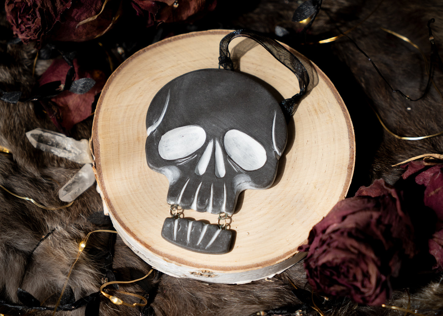 Black Skull With Hanging Jaw Ornament