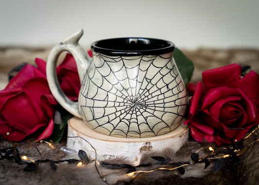 Buff Clay Spiderweb Mug with Spider Thumb Rest