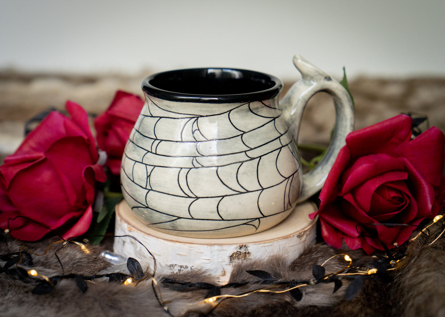 Buff Clay Spiderweb Mug with Spider Thumb Rest