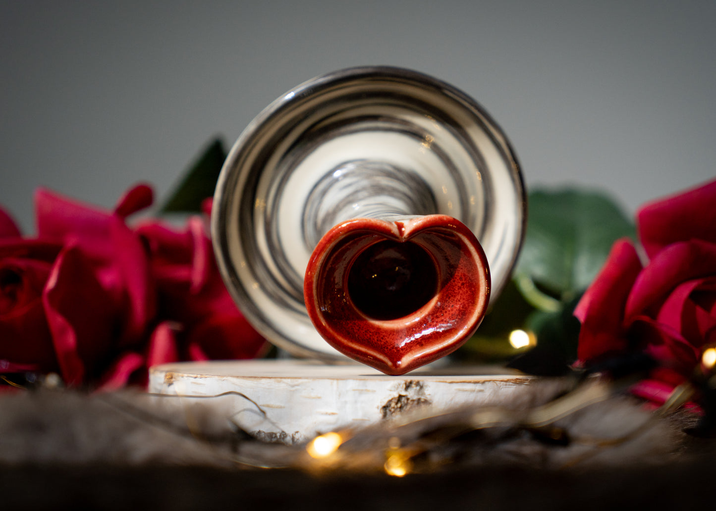 Black and White Swirled Clay with Red Lovely Heart Candle Holder