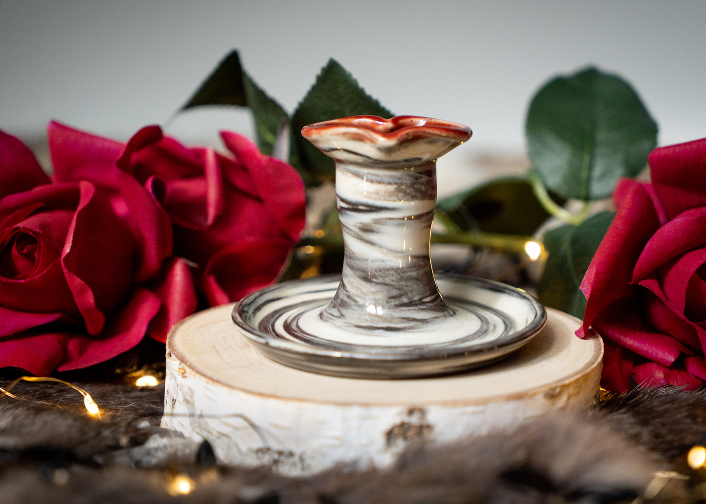 Black and White Swirled Clay with Red Lovely Heart Candle Holder