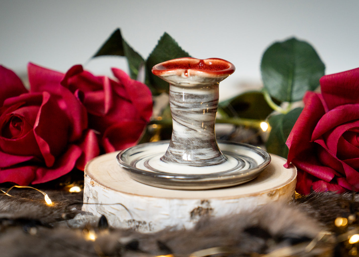 Black and White Swirled Clay with Red Lovely Heart Candle Holder