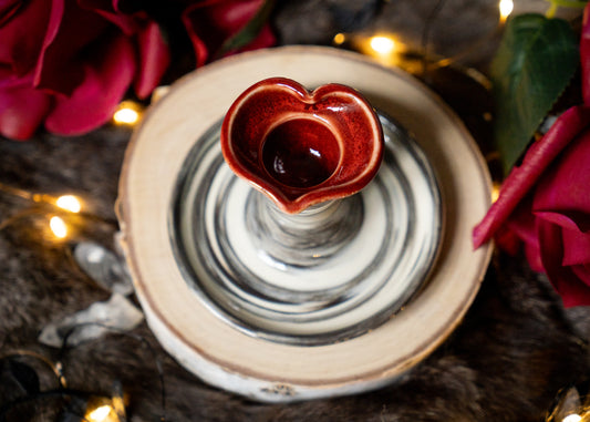 Black and White Swirled Clay with Red Lovely Heart Candle Holder