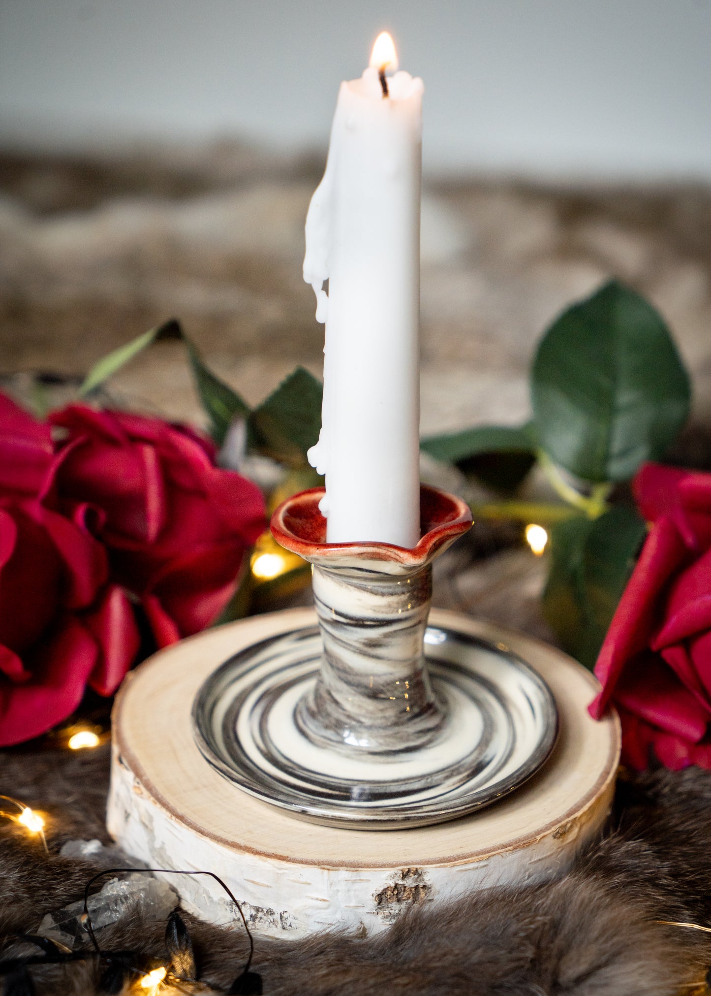 Black and White Swirled Clay with Red Lovely Heart Candle Holder