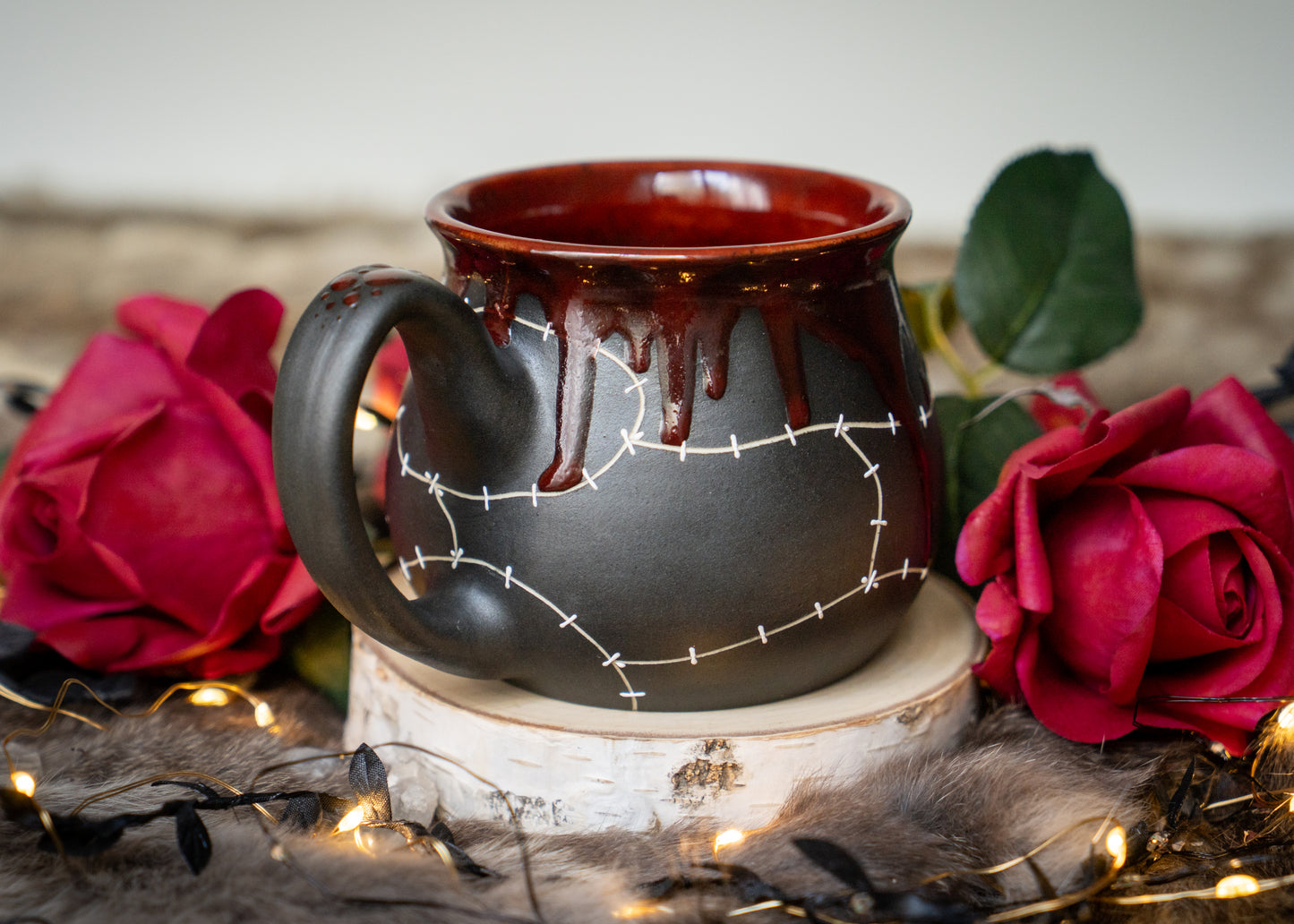 Red Drip Stitched Shortie Mug