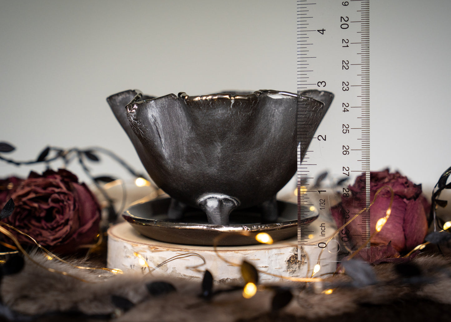 Black Crinkle Planter with Real White Gold Edges and Separate Drip Tray