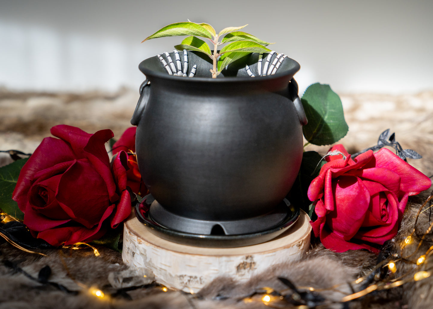Double Skeleton Hand Cauldron Planter With Glittery Black Drip Dish