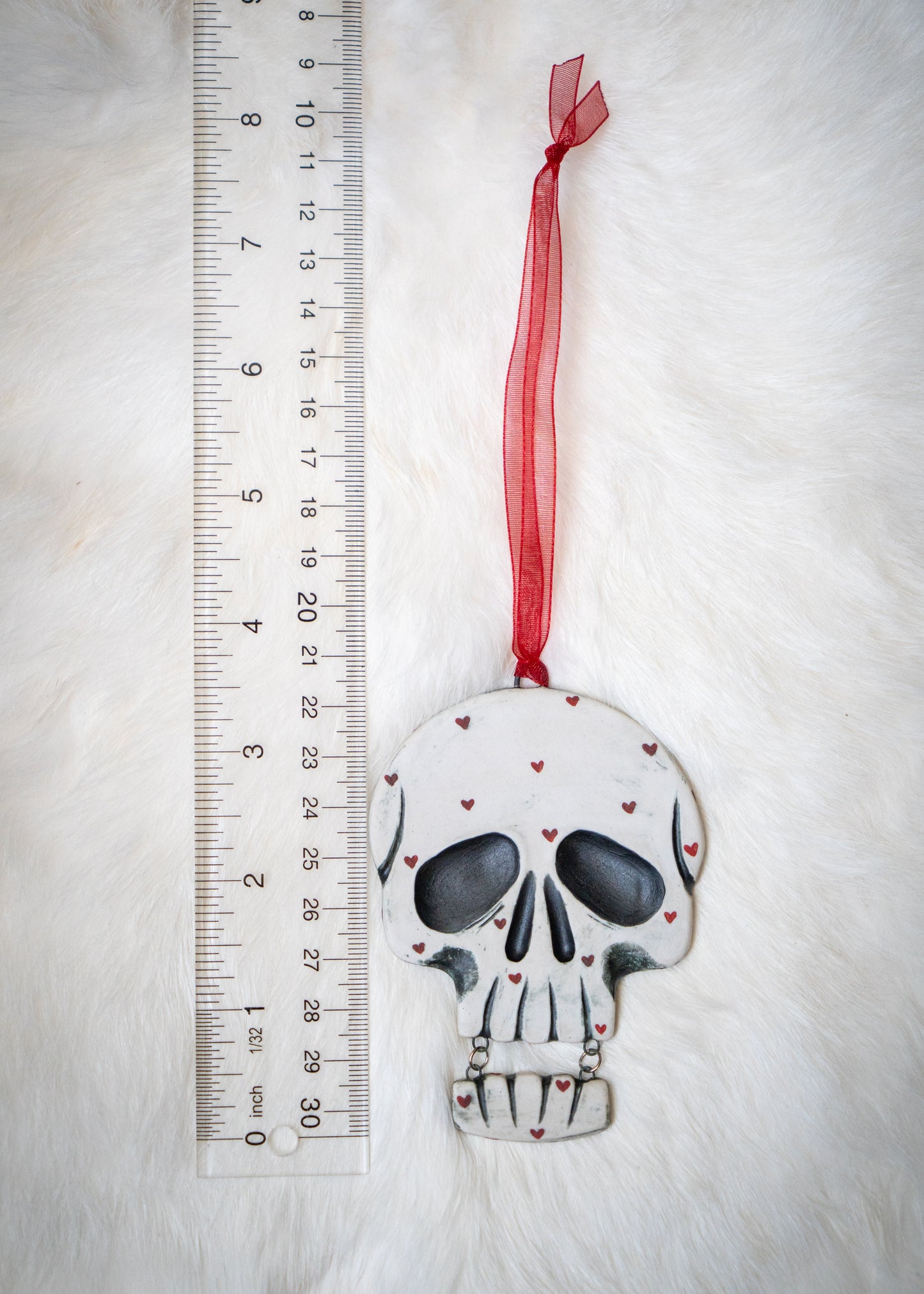 Tiny Hearts Skull With Hanging Jaw Ornament