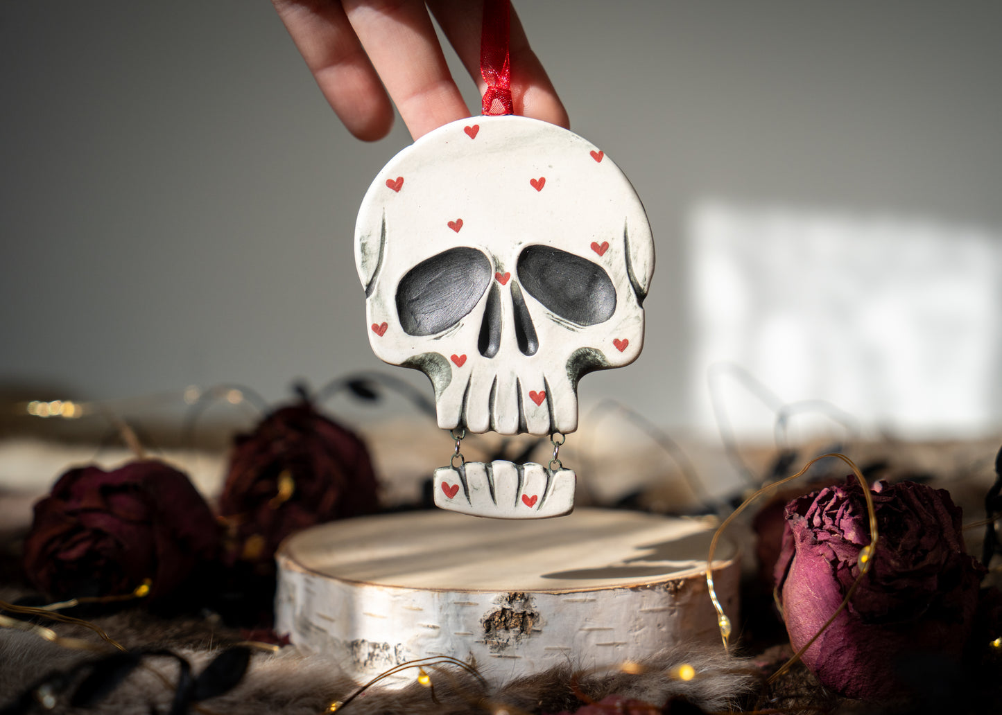 Tiny Hearts Skull With Hanging Jaw Ornament