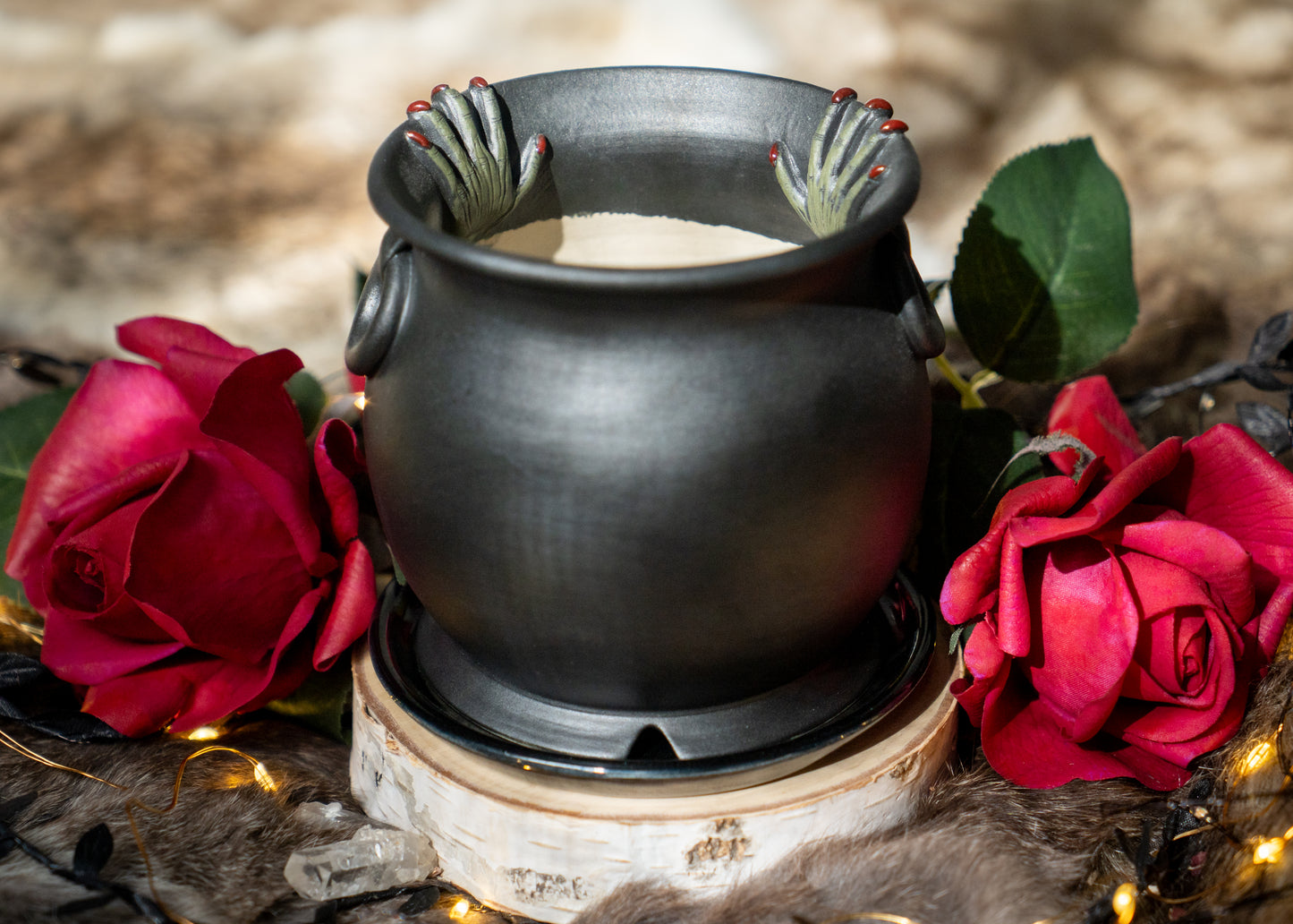 Double Witch Hand Cauldron Planter With Glittery Black Drip Dish