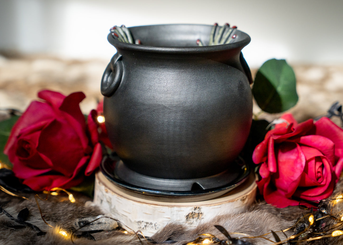 Double Witch Hand Cauldron Planter With Glittery Black Drip Dish