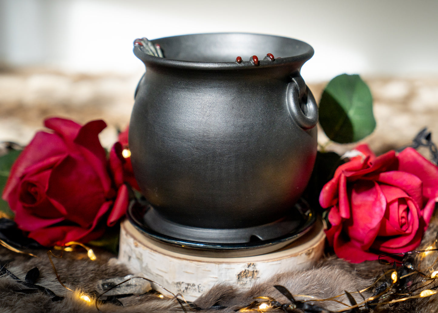 Double Witch Hand Cauldron Planter With Glittery Black Drip Dish